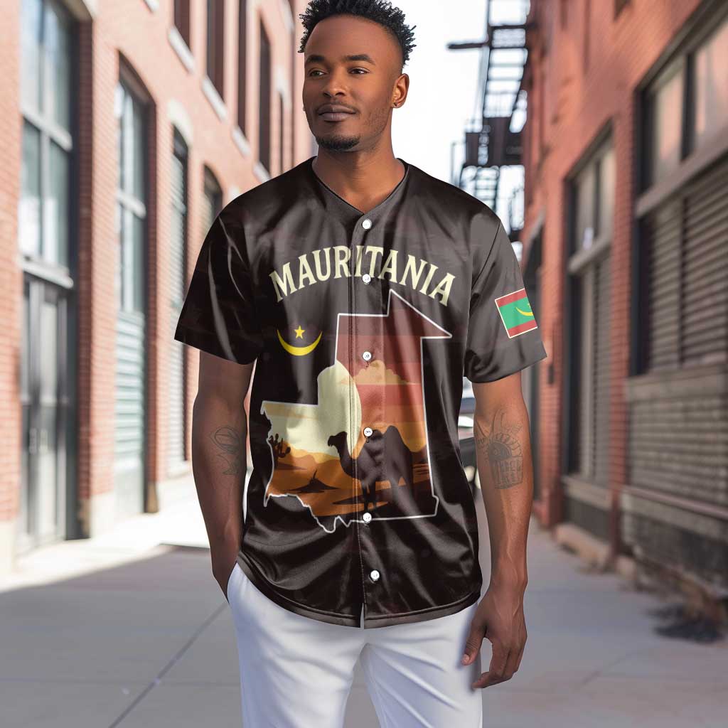 Mauritania Baseball Jersey - Desert Sunset Camel Silhouette and Flag Accents