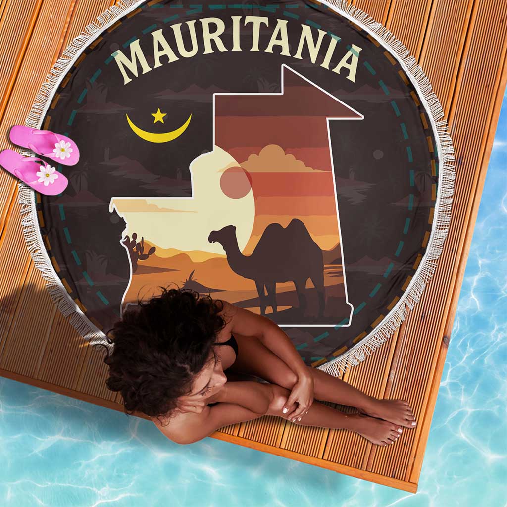 Mauritania Beach Blanket - Desert Sunset Camel Silhouette and Flag Accents