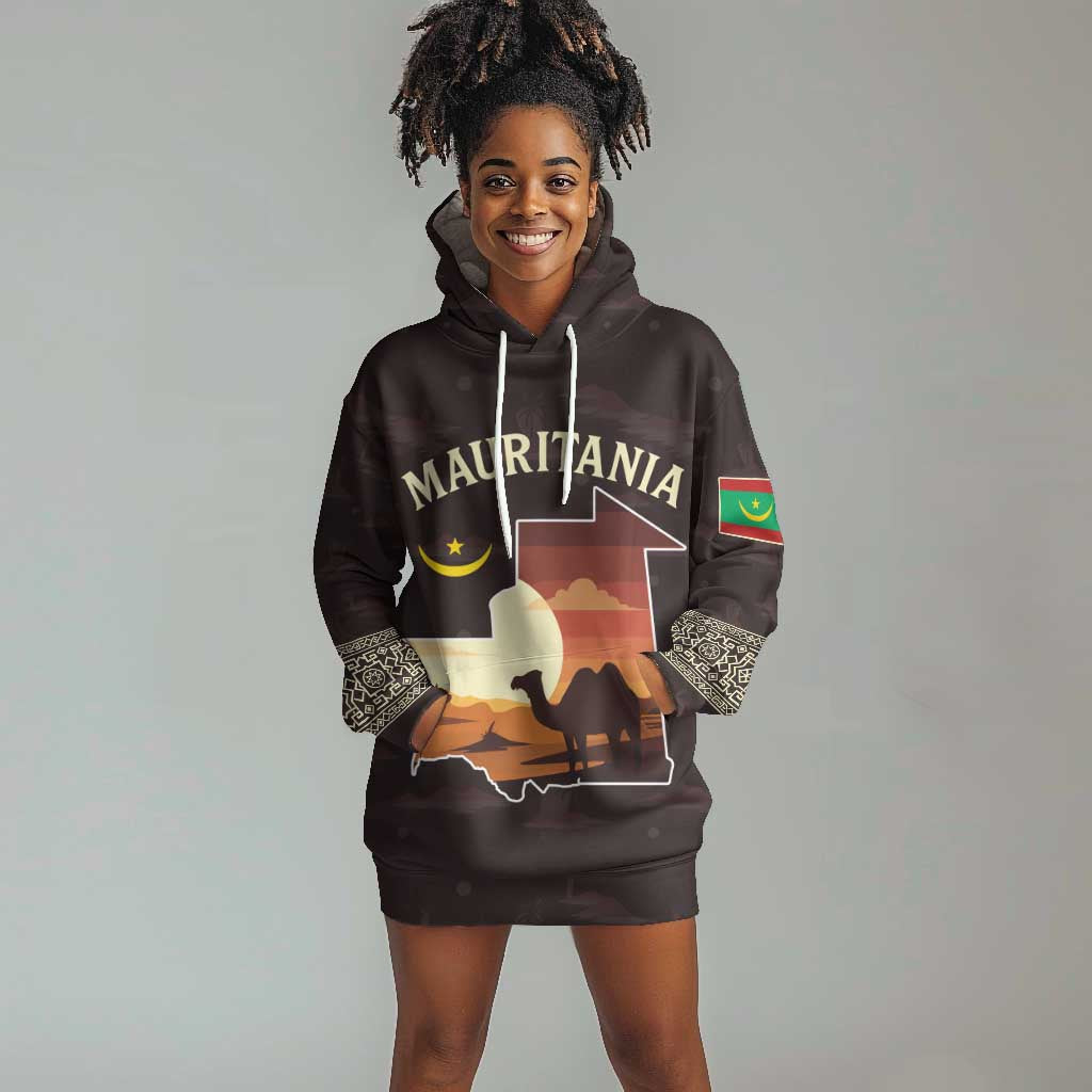 Mauritania Hoodie Dress - Desert Sunset Camel Silhouette and Flag Accents
