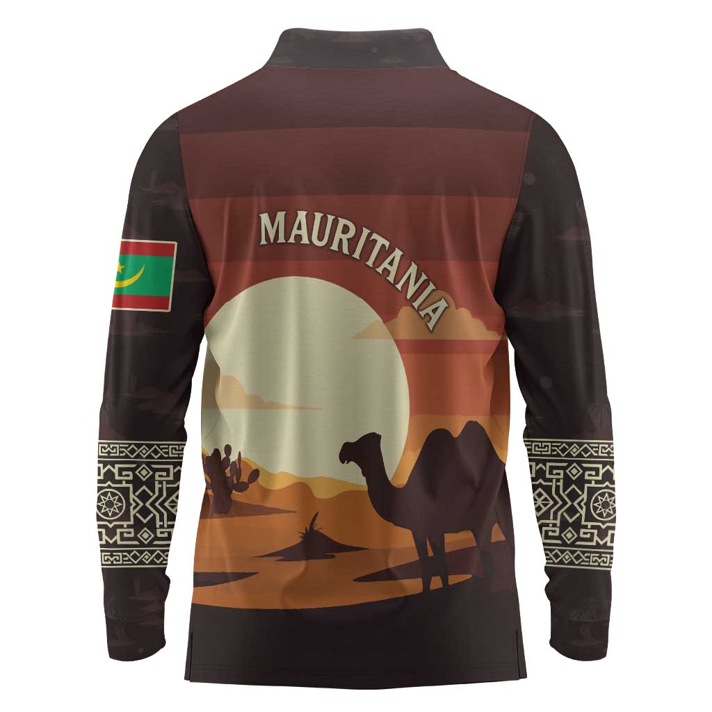 Mauritania Long Sleeve Polo Shirt - Desert Sunset Camel Silhouette and Flag Accents