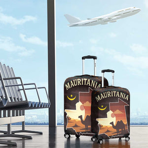Mauritania Luggage Cover - Desert Sunset Camel Silhouette and Flag Accents