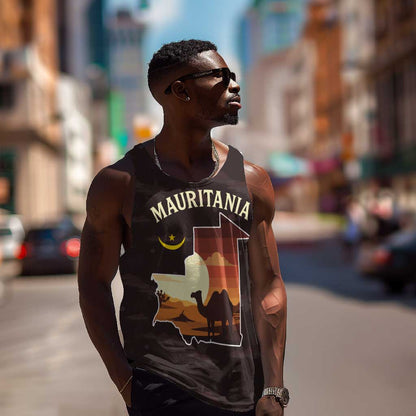 Mauritania Men Tank Top - Desert Sunset Camel Silhouette and Flag Accents