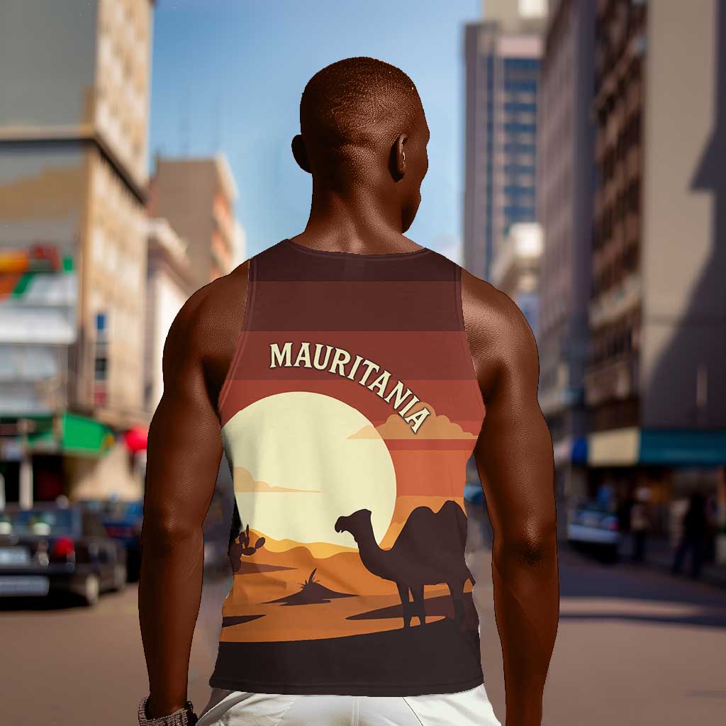 Mauritania Men Tank Top - Desert Sunset Camel Silhouette and Flag Accents