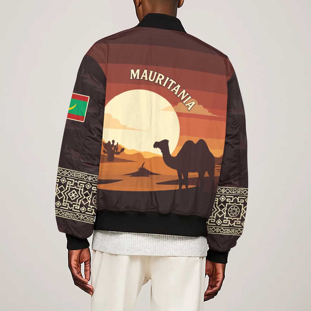 Mauritania Sleeve Zip Bomber Jacket - Desert Sunset Camel Silhouette and Flag Accents