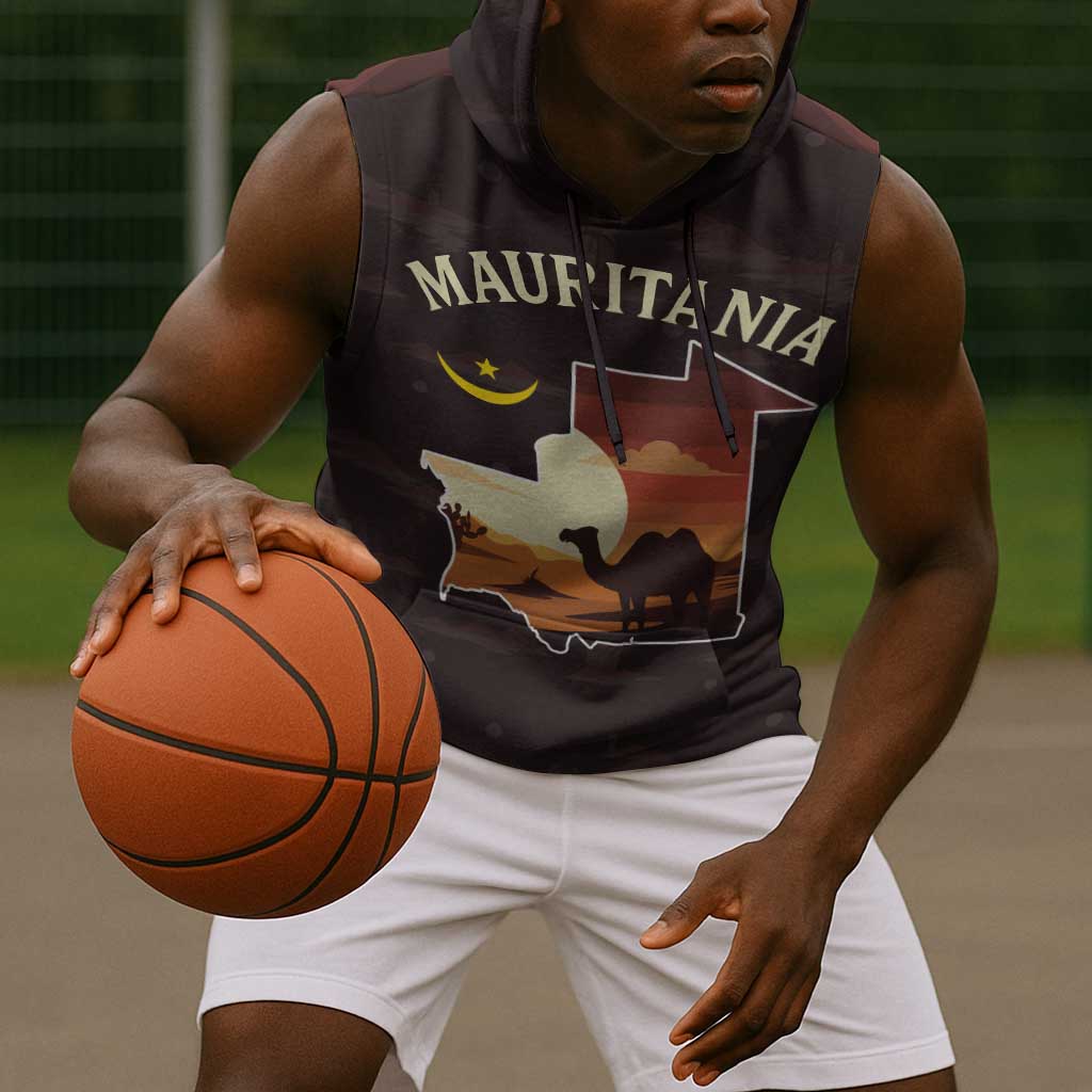 Mauritania Sleeveless Hoodie - Desert Sunset Camel Silhouette and Flag Accents - African Pride