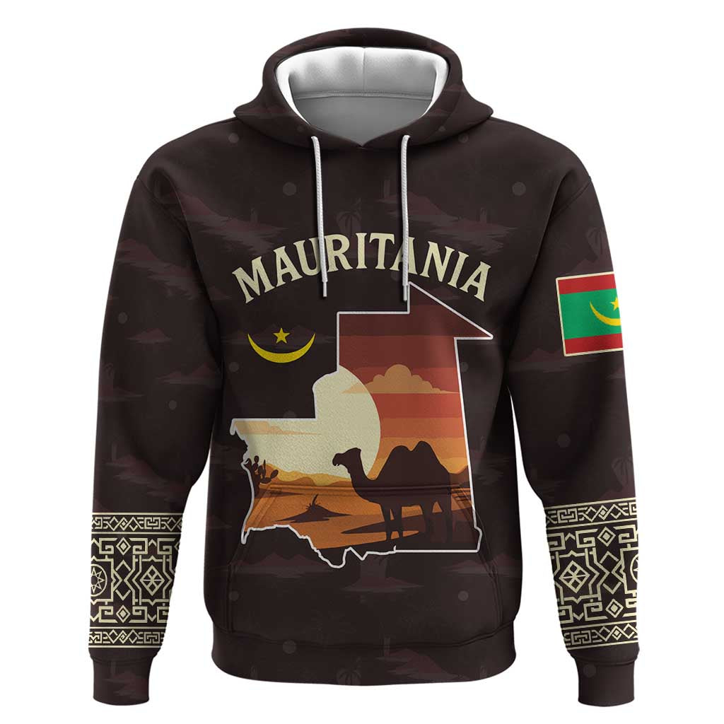 Mauritania Zip Hoodie - Desert Sunset Camel Silhouette and Flag Accents
