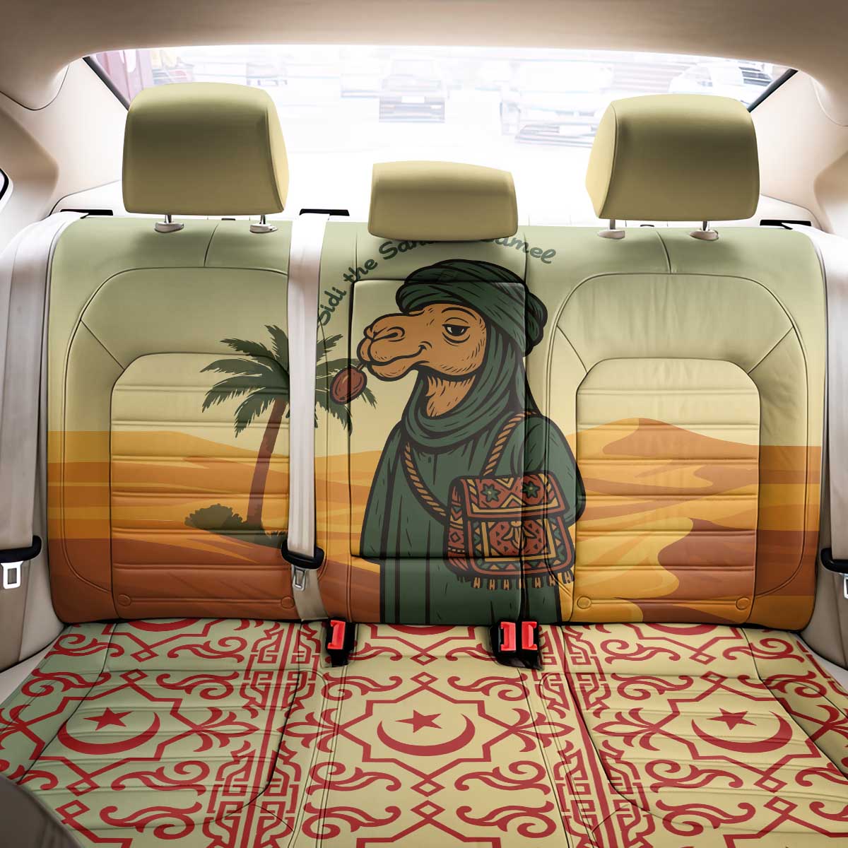 Mauritania Back Car Seat Cover - Sidi the Sahara Camel Cartoon and Desert Caravan Design