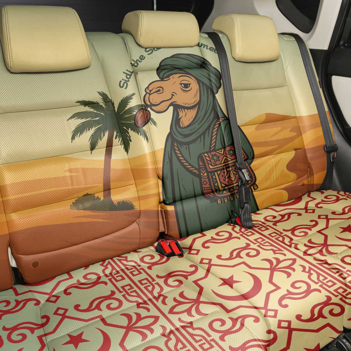 Mauritania Back Car Seat Cover - Sidi the Sahara Camel Cartoon and Desert Caravan Design