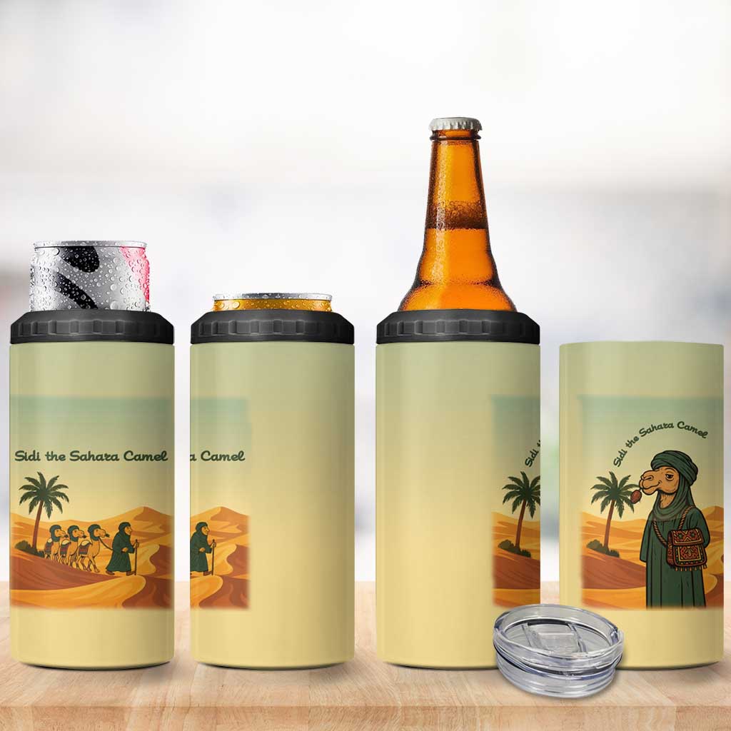 Mauritania 4 in 1 Can Cooler Tumbler - Sidi the Sahara Camel Cartoon and Desert Caravan Design