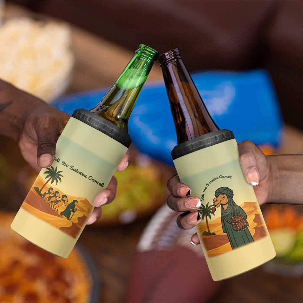 Mauritania 4 in 1 Can Cooler Tumbler - Sidi the Sahara Camel Cartoon and Desert Caravan Design