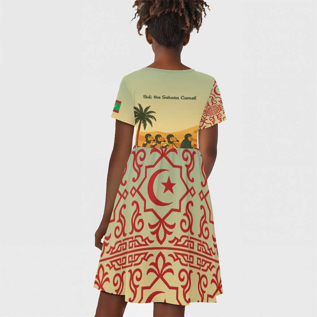 Mauritania Kid Short Sleeve Dress - Sidi the Sahara Camel Cartoon and Desert Caravan Design