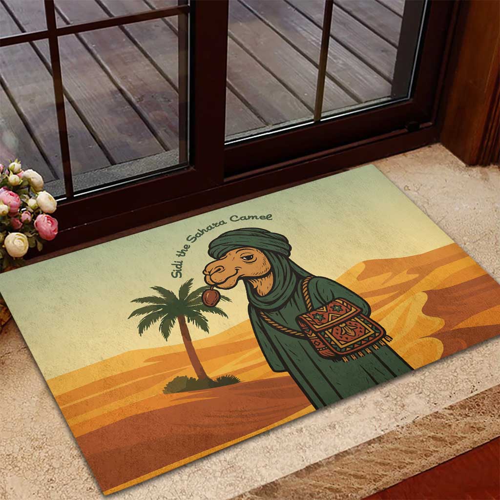 Mauritania Rubber Doormat - Sidi the Sahara Camel Cartoon and Desert Caravan Design