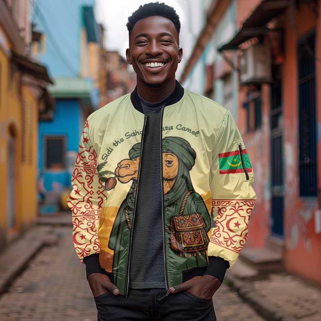 Mauritania Sleeve Zip Bomber Jacket - Sidi the Sahara Camel Cartoon and Desert Caravan Design