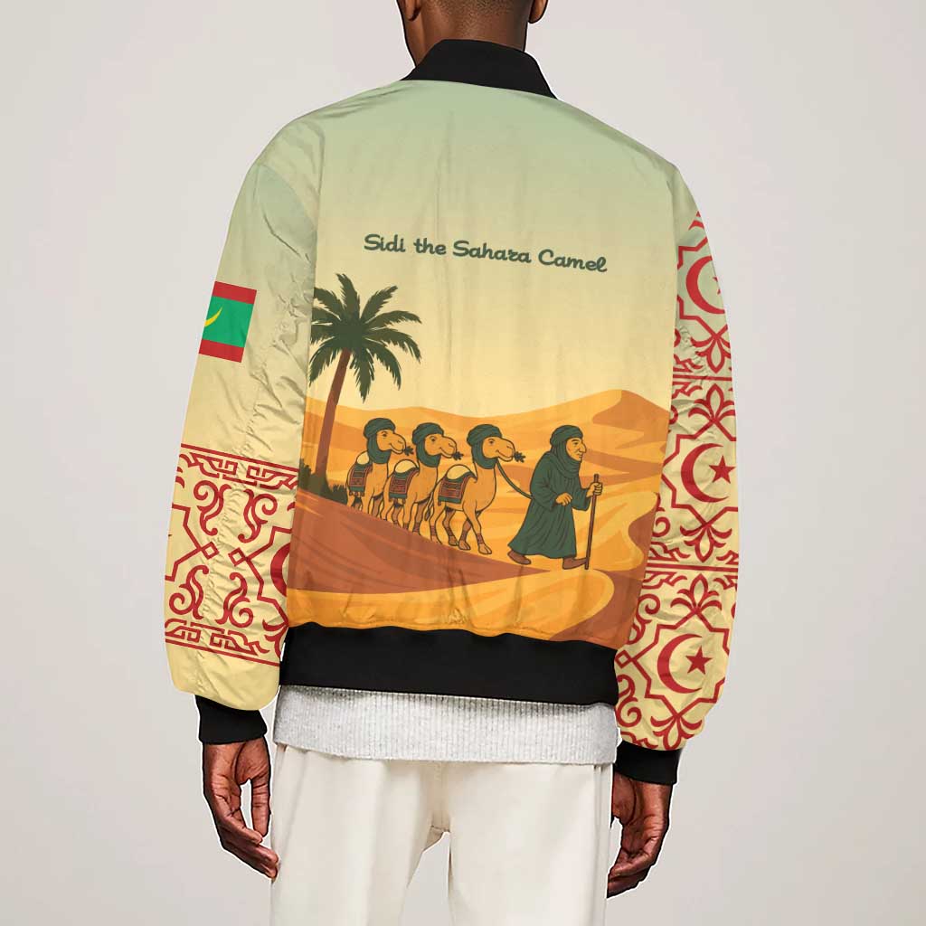 Mauritania Sleeve Zip Bomber Jacket - Sidi the Sahara Camel Cartoon and Desert Caravan Design