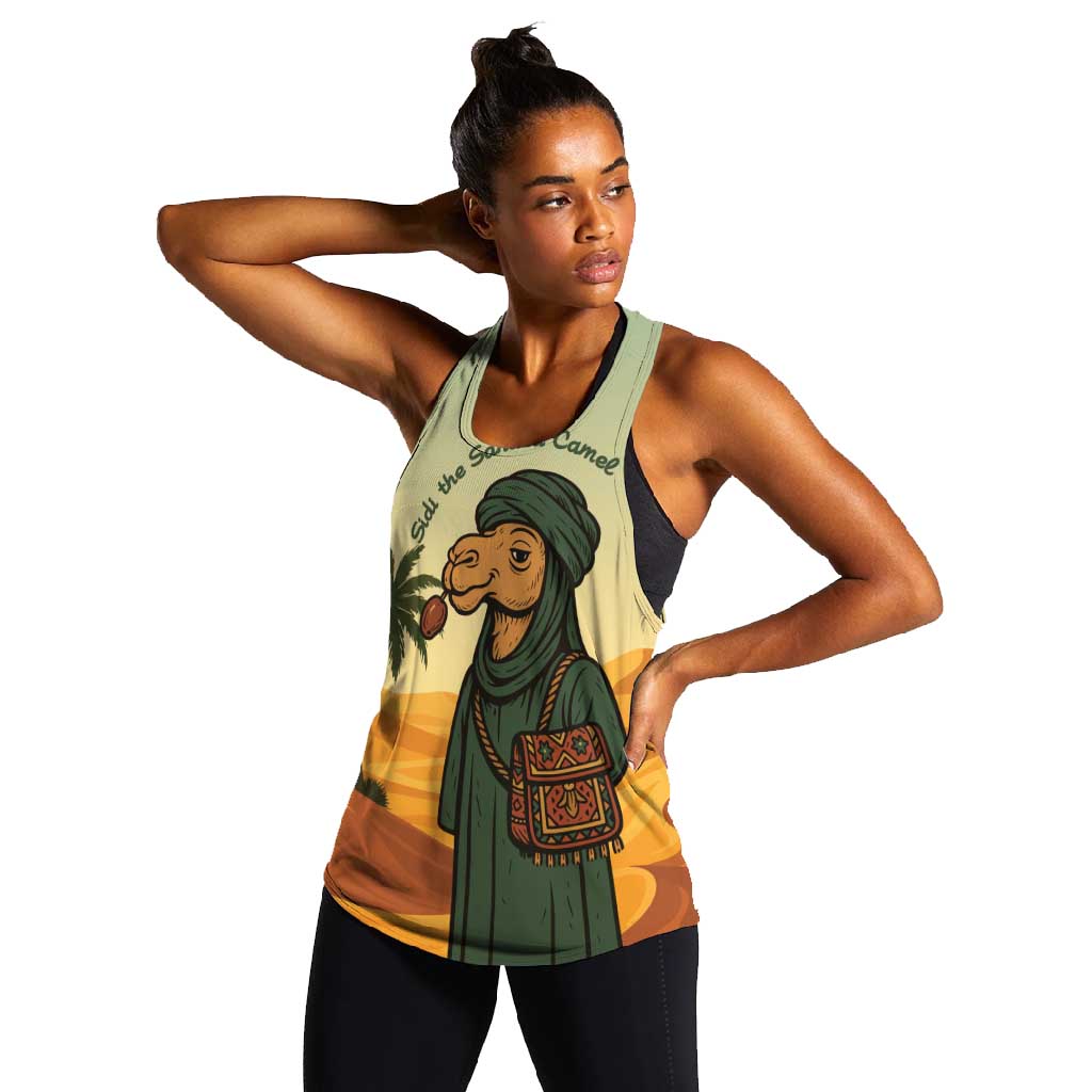 Mauritania Women Racerback Tank - Sidi the Sahara Camel Cartoon and Desert Caravan Design
