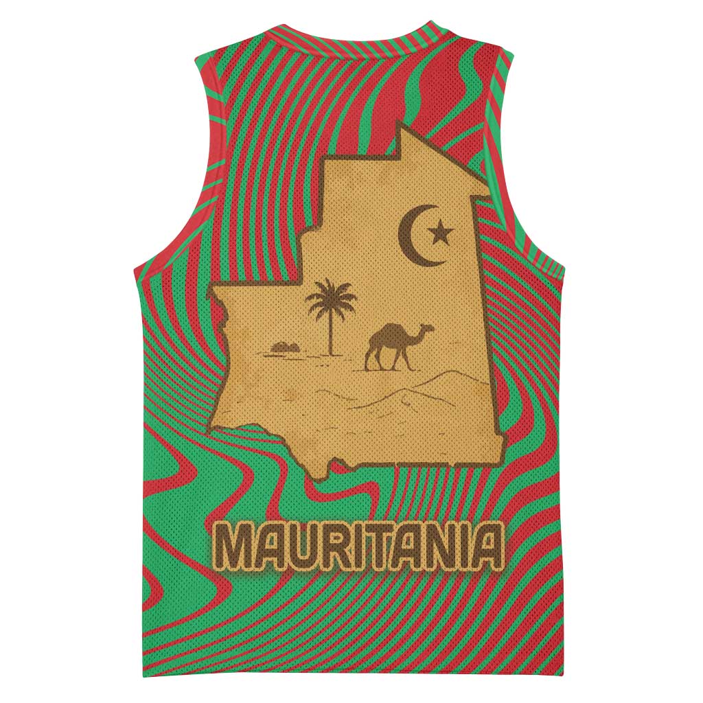 Mauritania Basketball Jersey - Desert Camel Crescent Moon and Palm Tree Graphic in Red Green Gold Pattern TS04
