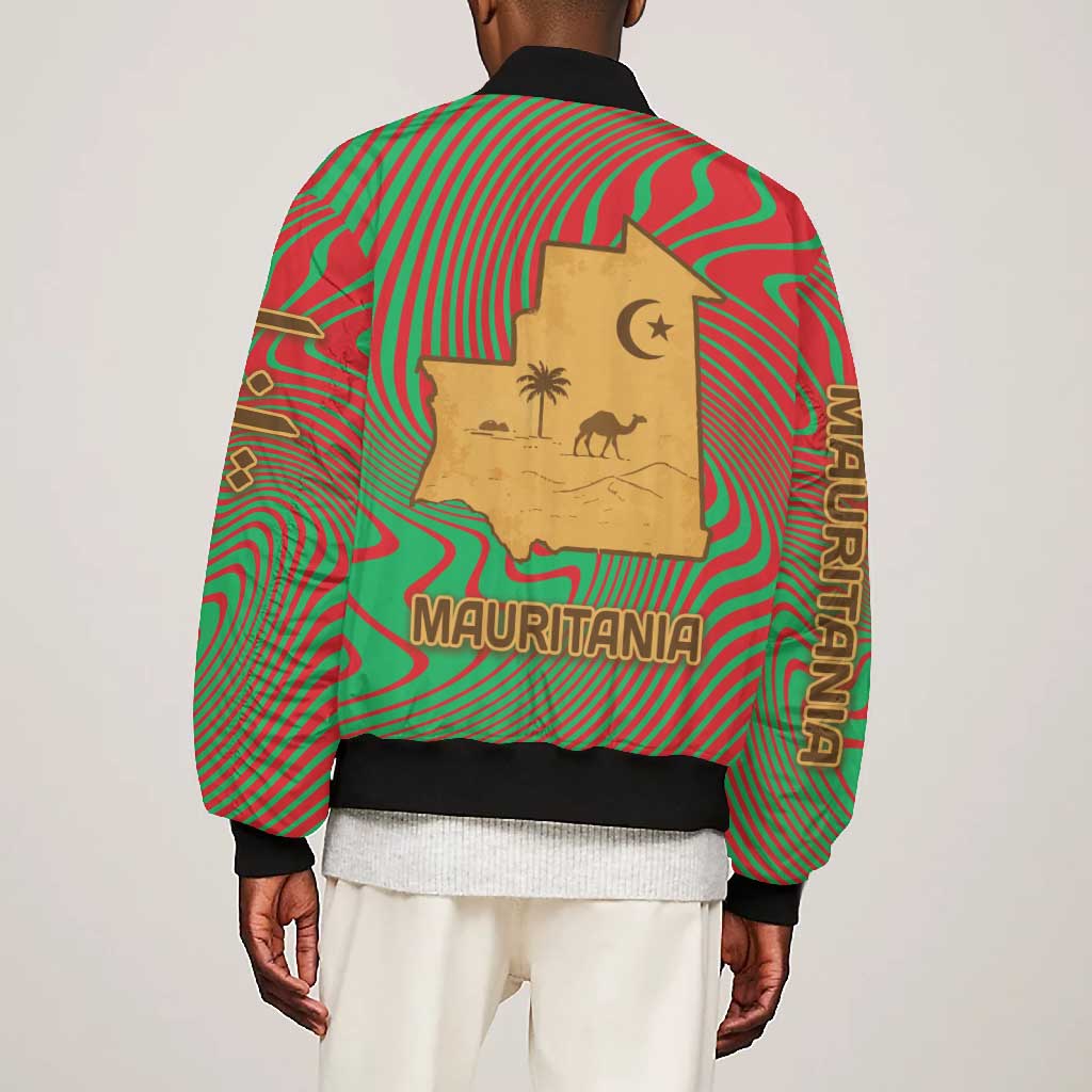 Mauritania Bomber Jacket - Desert Camel Crescent Moon and Palm Tree Graphic in Red Green Gold Pattern