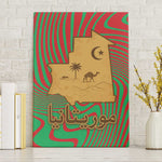 Mauritania Canvas Wall Art - Desert Camel Crescent Moon and Palm Tree Graphic in Red Green Gold Pattern