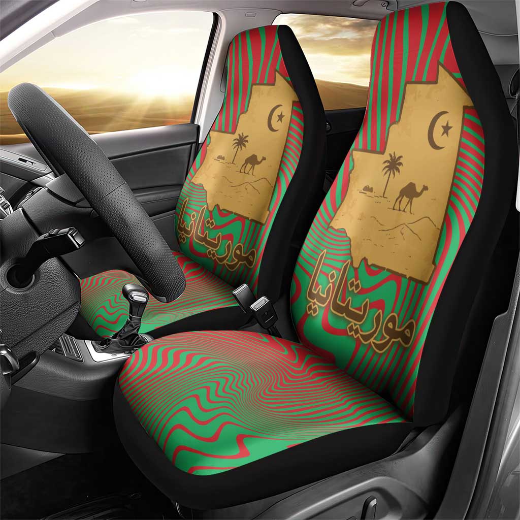 Mauritania Car Seat Cover - Desert Camel Crescent Moon and Palm Tree Graphic in Red Green Gold Pattern