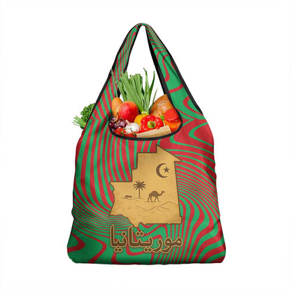 Mauritania Grocery Bag - Desert Camel Crescent Moon and Palm Tree Graphic in Red Green Gold Pattern