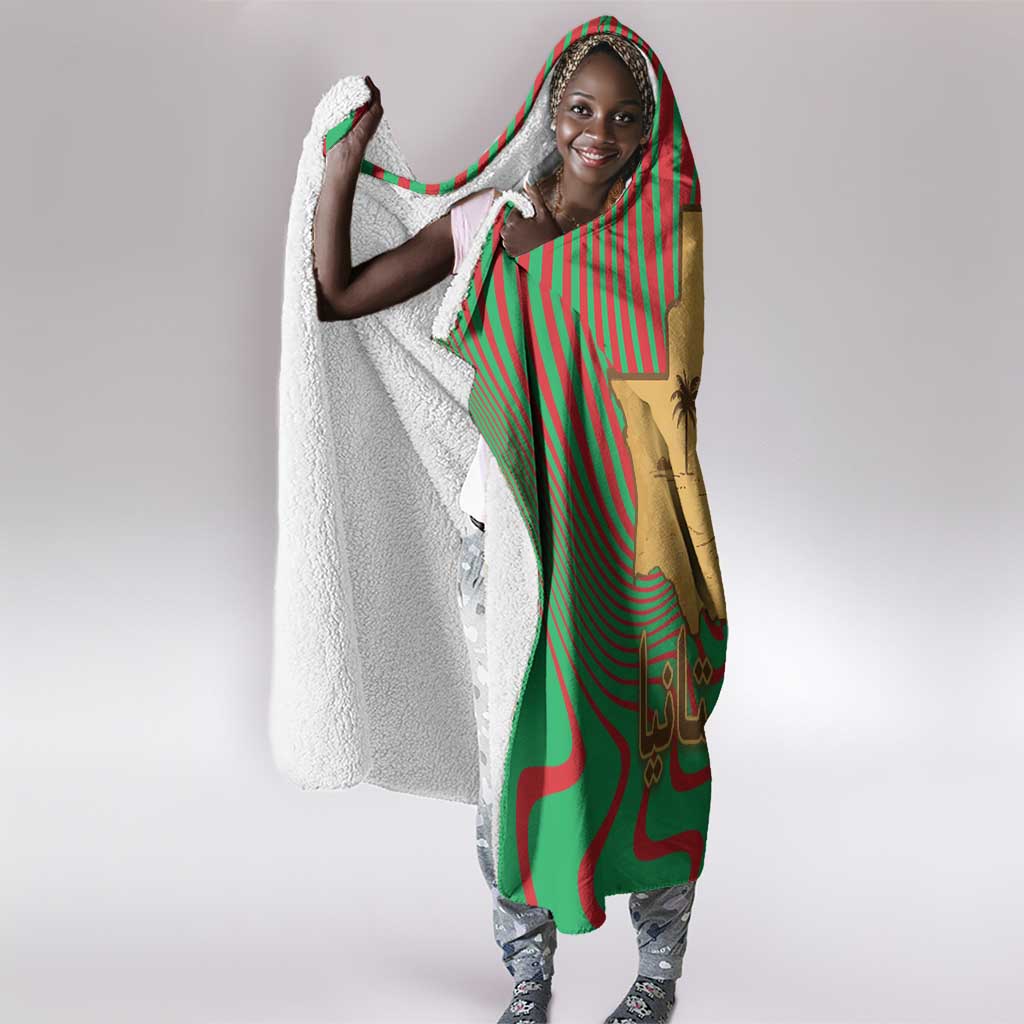 Mauritania Hooded Blanket - Desert Camel Crescent Moon and Palm Tree Graphic in Red Green Gold Pattern