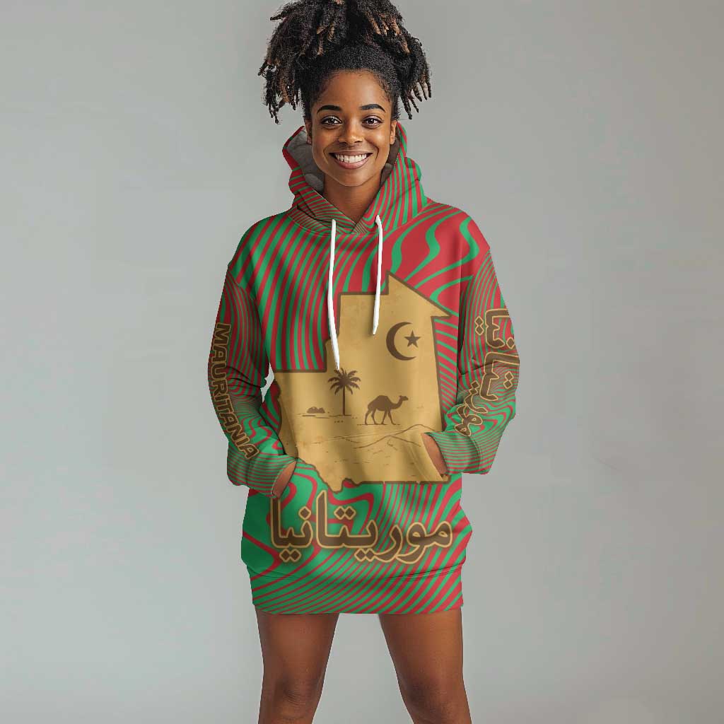 Mauritania Hoodie Dress - Desert Camel Crescent Moon and Palm Tree Graphic in Red Green Gold Pattern