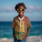 Mauritania Kid Hawaiian Shirt - Desert Camel Crescent Moon and Palm Tree Graphic in Red Green Gold Pattern