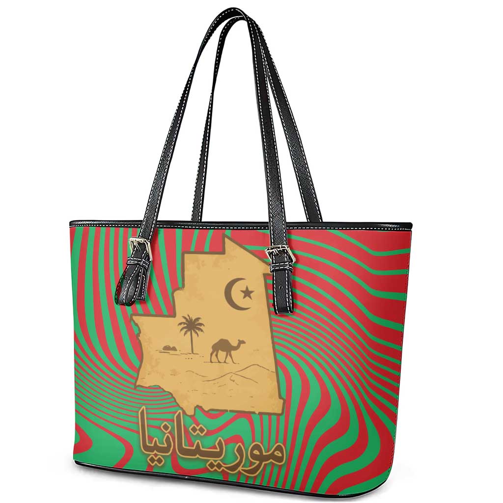 Mauritania Leather Tote Bag - Desert Camel Crescent Moon and Palm Tree Graphic in Red Green Gold Pattern