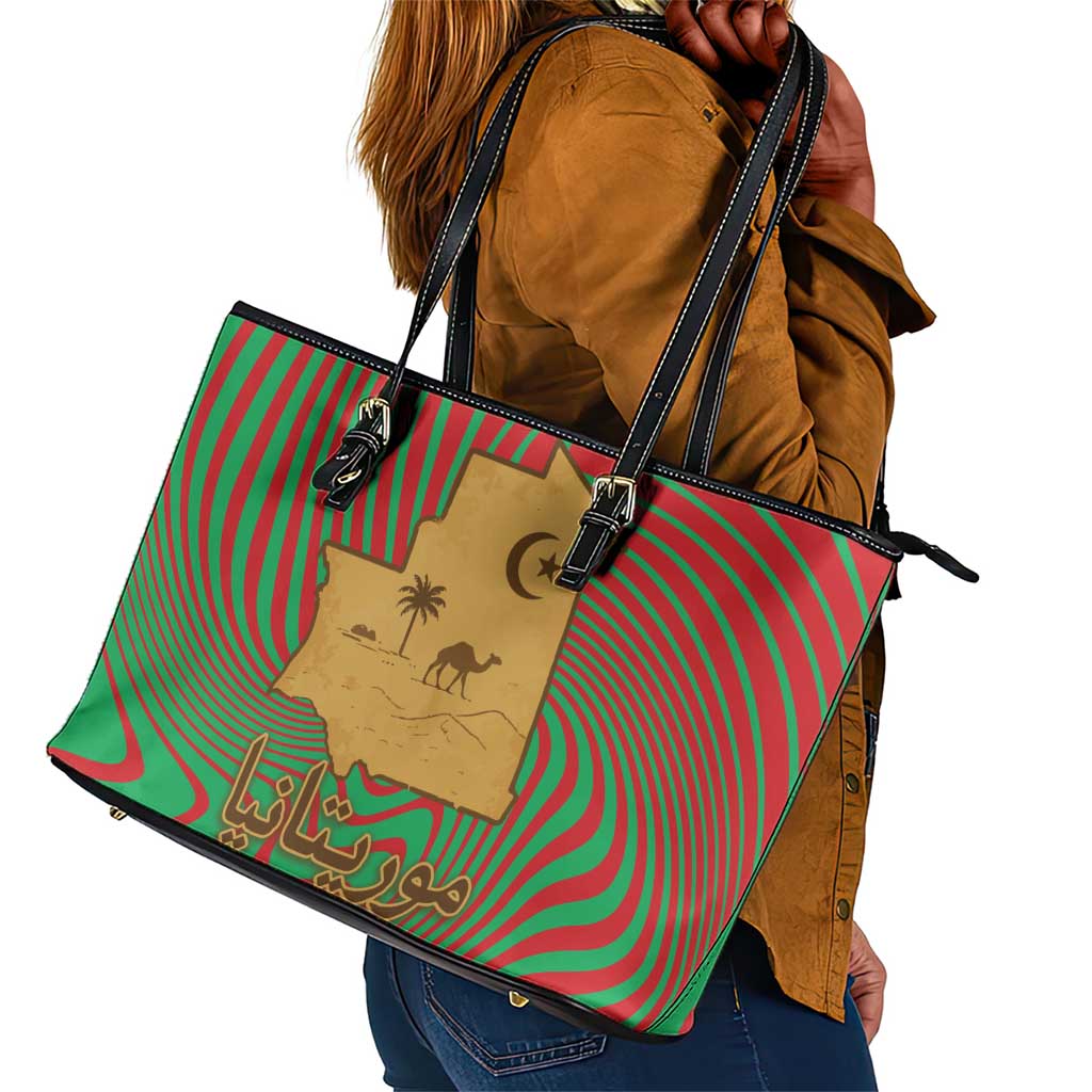 Mauritania Leather Tote Bag - Desert Camel Crescent Moon and Palm Tree Graphic in Red Green Gold Pattern