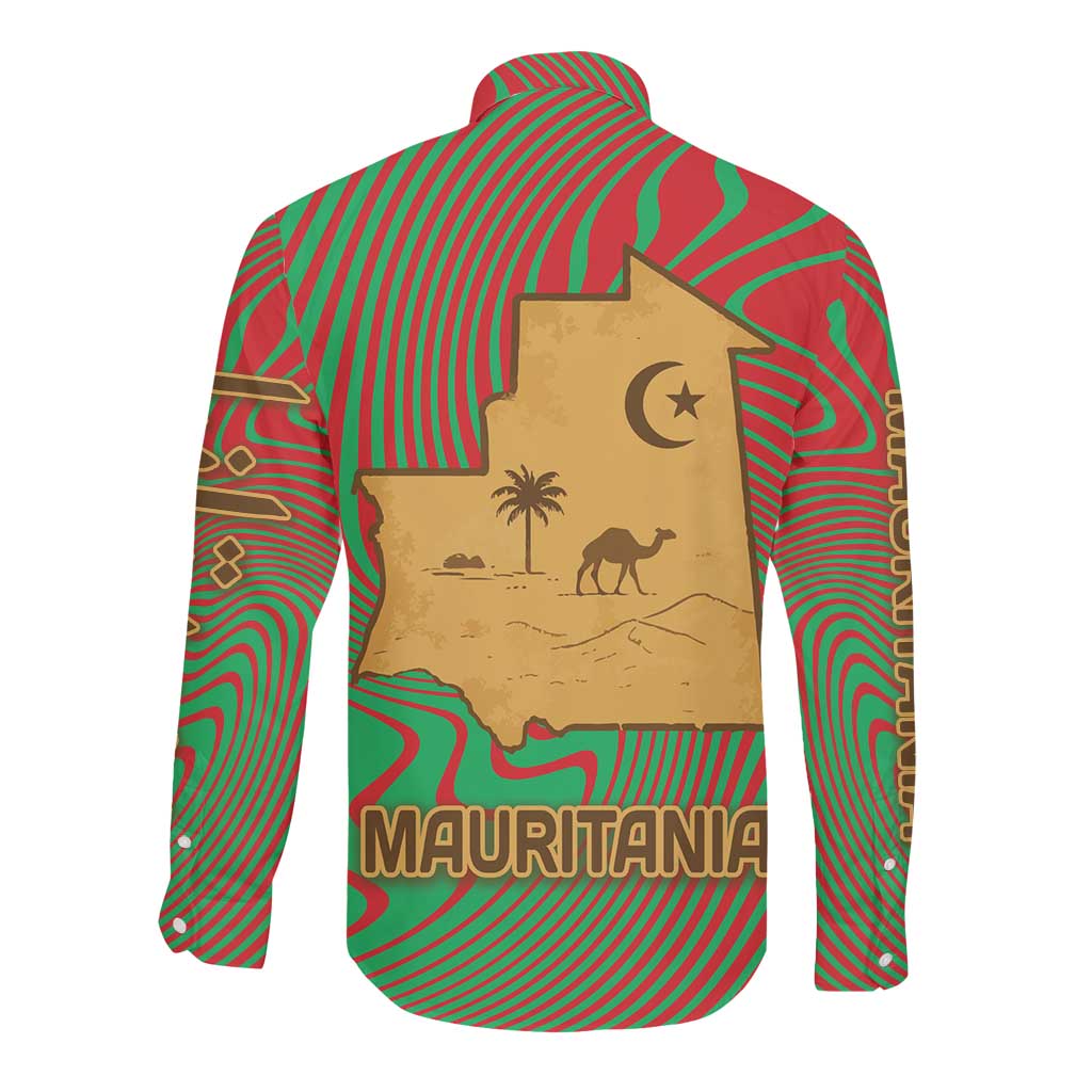 Mauritania Long Sleeve Button Shirt - Desert Camel Crescent Moon and Palm Tree Graphic in Red Green Gold Pattern