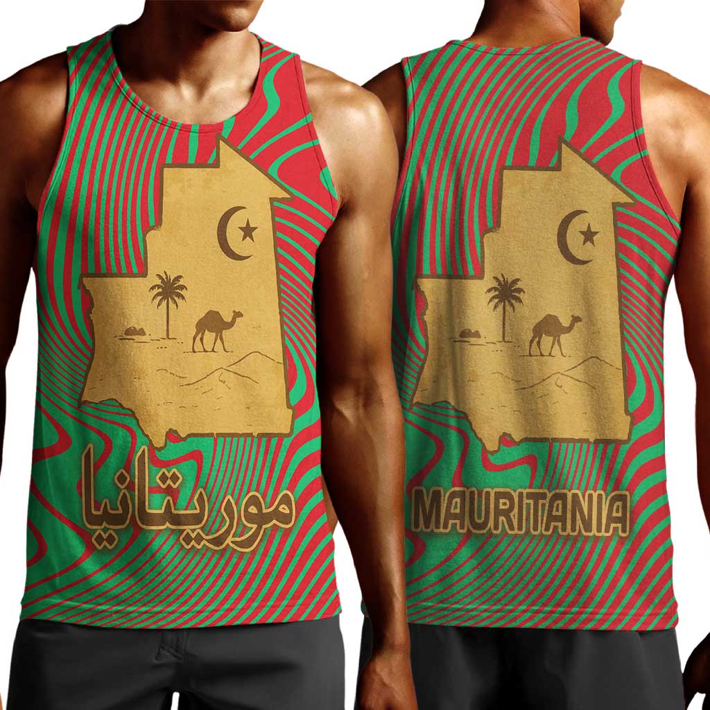 Mauritania Men Tank Top - Desert Camel Crescent Moon and Palm Tree Graphic in Red Green Gold Pattern