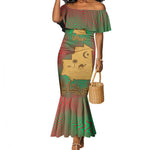 Mauritania Mermaid Dress - Desert Camel Crescent Moon and Palm Tree Graphic in Red Green Gold Pattern