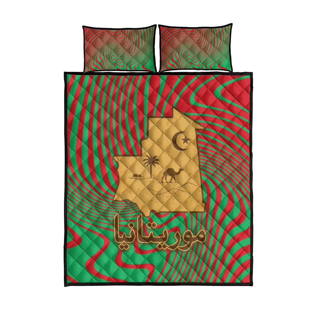 Mauritania Quilt Bed Set - Desert Camel Crescent Moon and Palm Tree Graphic in Red Green Gold Pattern