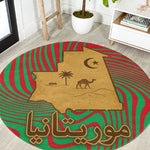 Mauritania Round Carpet - Desert Camel Crescent Moon and Palm Tree Graphic in Red Green Gold Pattern