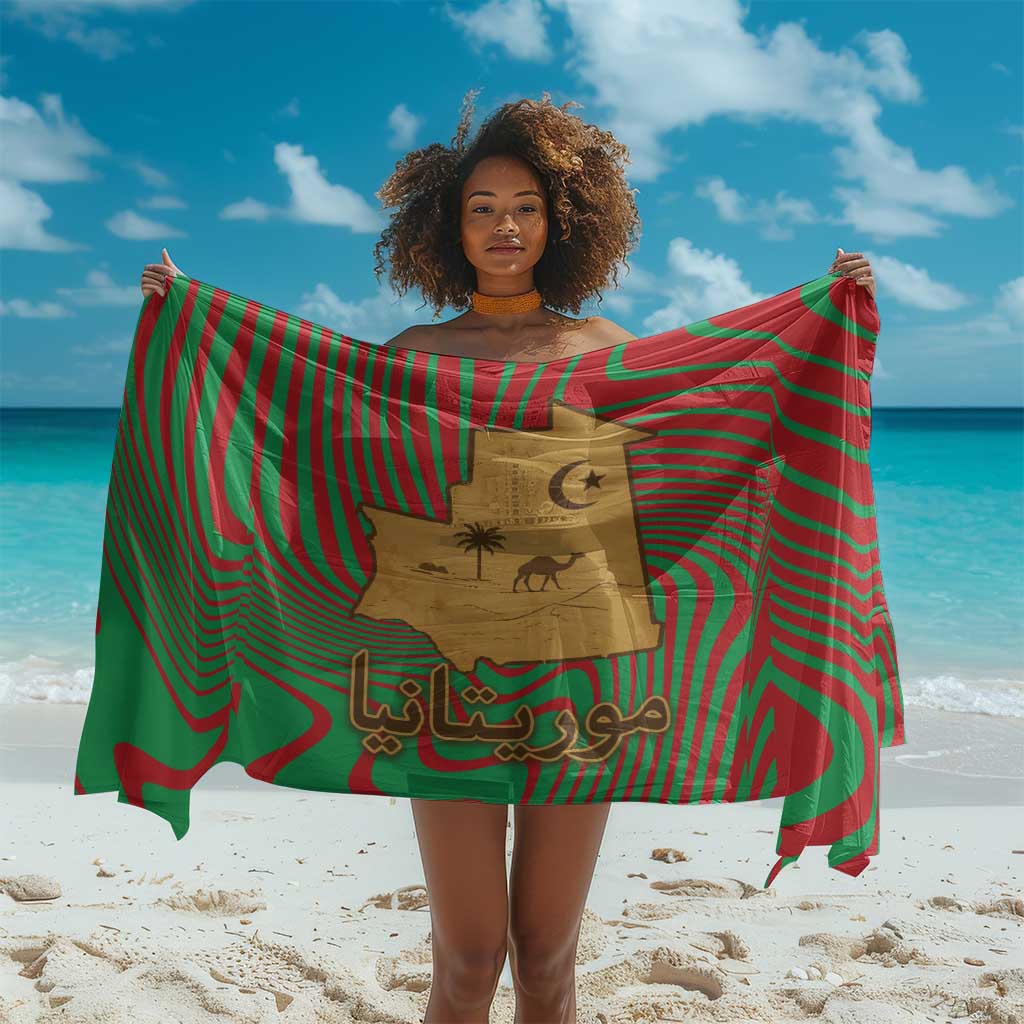 Mauritania Sarong - Desert Camel Crescent Moon and Palm Tree Graphic in Red Green Gold Pattern