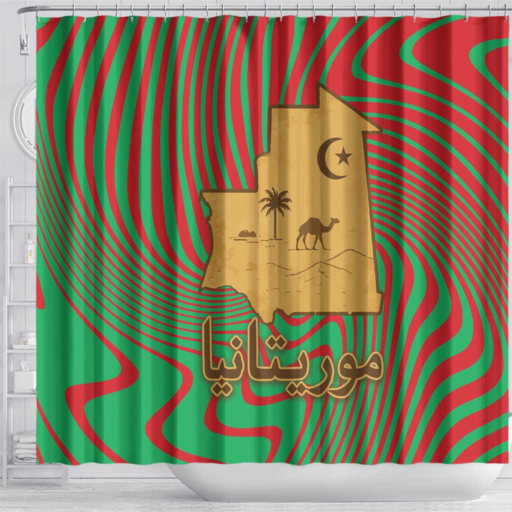 Mauritania Shower Curtain - Desert Camel Crescent Moon and Palm Tree Graphic in Red Green Gold Pattern