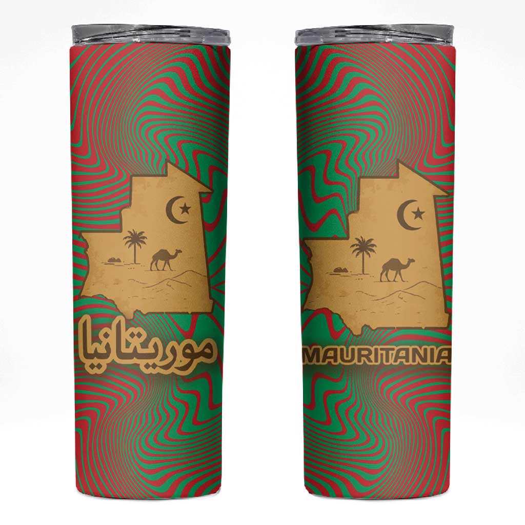 Mauritania Skinny Tumbler - Desert Camel Crescent Moon and Palm Tree Graphic in Red Green Gold Pattern