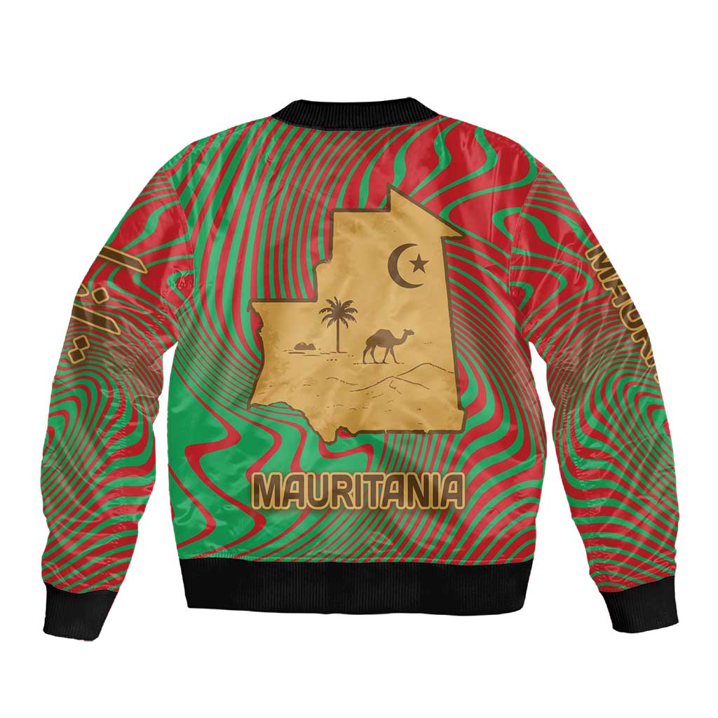 Mauritania Sleeve Zip Bomber Jacket - Desert Camel Crescent Moon and Palm Tree Graphic in Red Green Gold Pattern