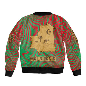 Mauritania Sleeve Zip Bomber Jacket - Desert Camel Crescent Moon and Palm Tree Graphic in Red Green Gold Pattern