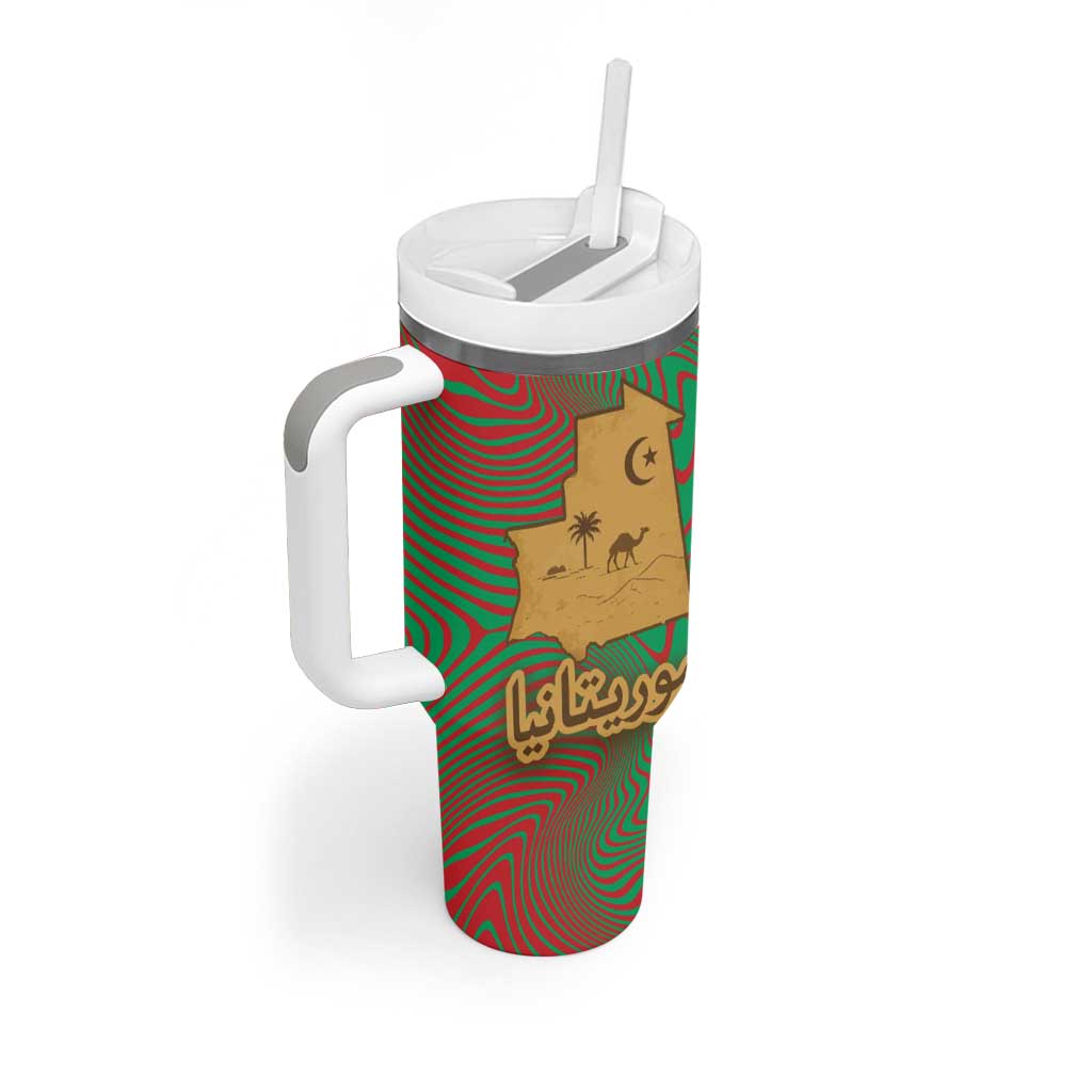 Mauritania Tumbler With Handle - Desert Camel Crescent Moon and Palm Tree Graphic in Red Green Gold Pattern