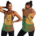 Mauritania Women Racerback Tank - Desert Camel Crescent Moon and Palm Tree Graphic in Red Green Gold Pattern
