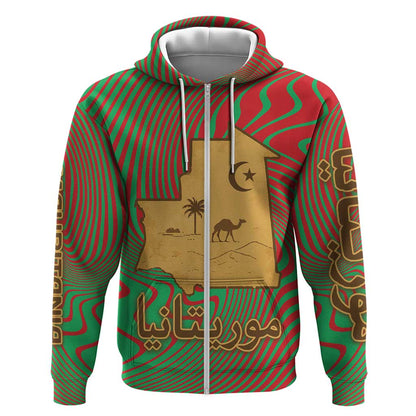 Mauritania Zip Hoodie - Desert Camel Crescent Moon and Palm Tree Graphic in Red Green Gold Pattern
