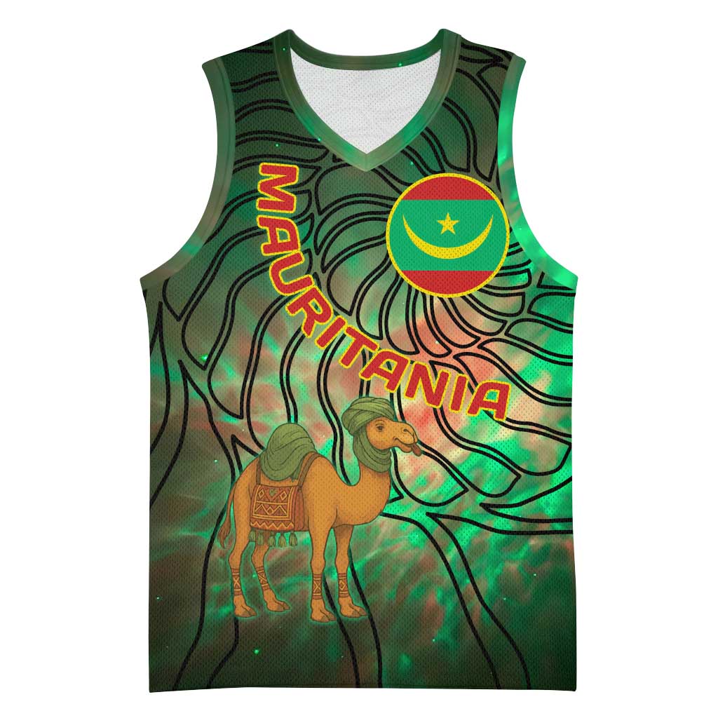 Mauritania Basketball Jersey - Green Tie Dye Camel and Crescent Moon Flag Design TS04