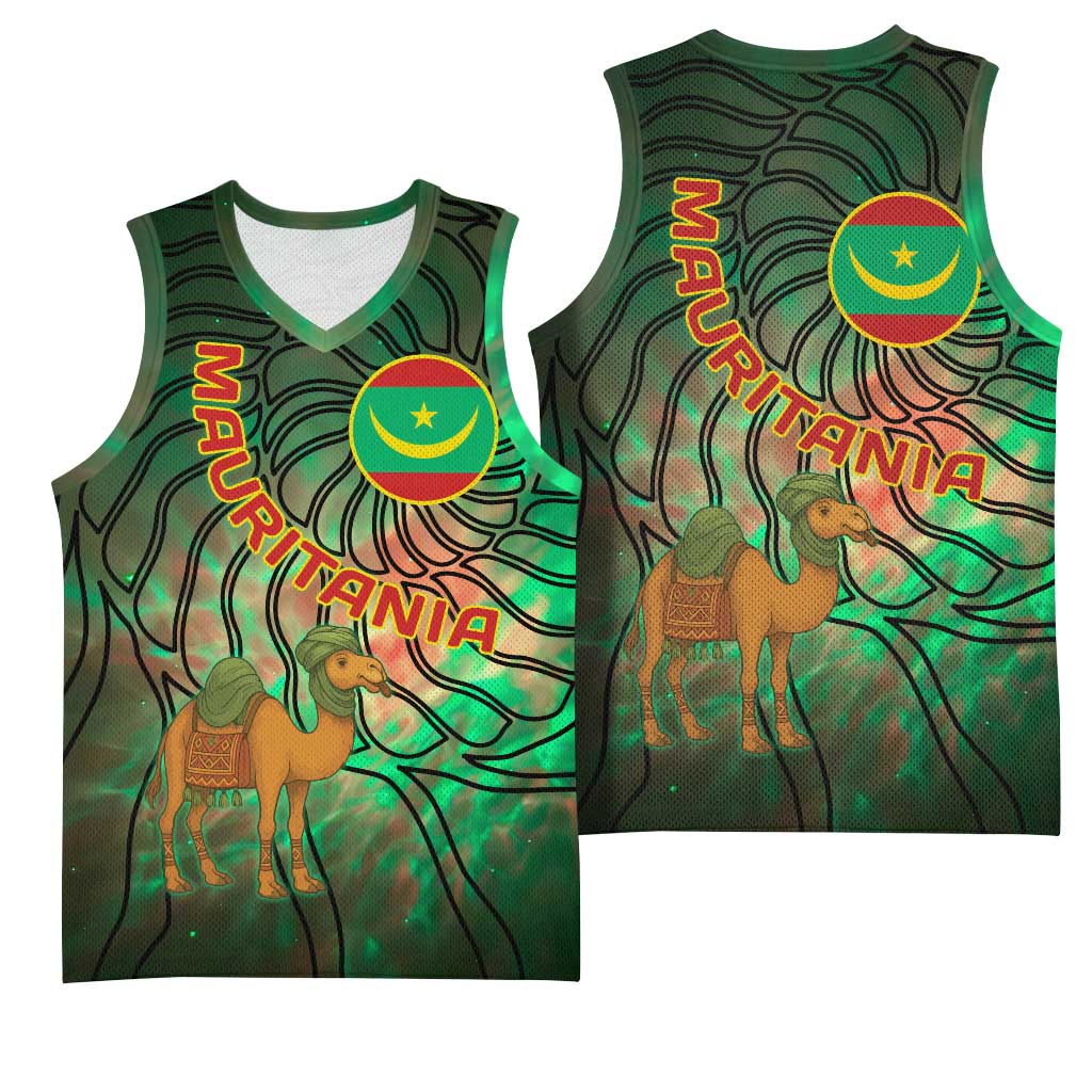 Mauritania Basketball Jersey - Green Tie Dye Camel and Crescent Moon Flag Design TS04