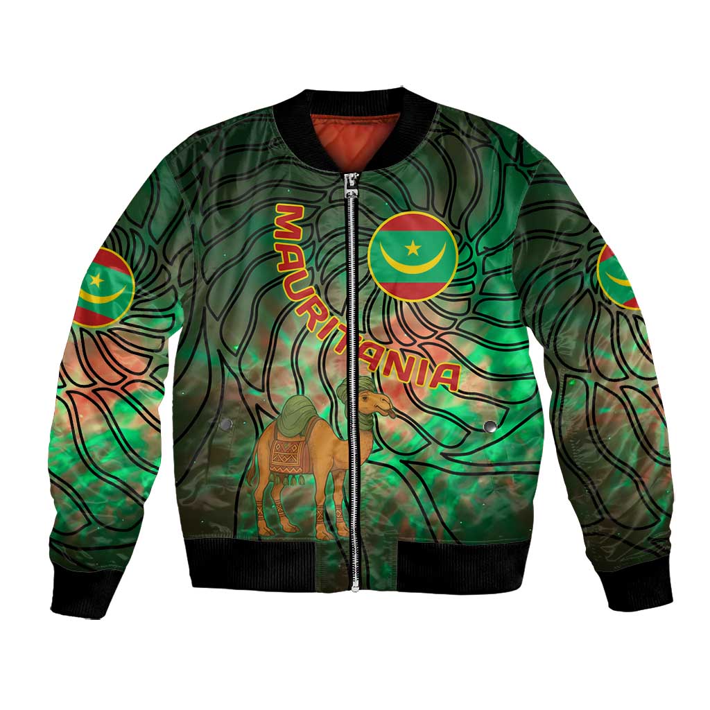 Mauritania Bomber Jacket - Green Tie Dye Camel and Crescent Moon Flag Design