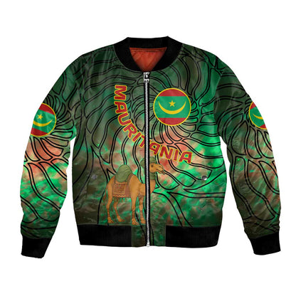 Mauritania Bomber Jacket - Green Tie Dye Camel and Crescent Moon Flag Design