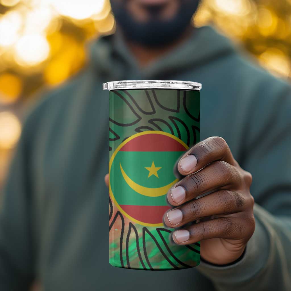 Mauritania 4 in 1 Can Cooler Tumbler - Green Tie Dye Camel and Crescent Moon Flag Design
