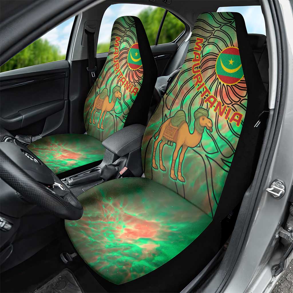 Mauritania Car Seat Cover - Green Tie Dye Camel and Crescent Moon Flag Design