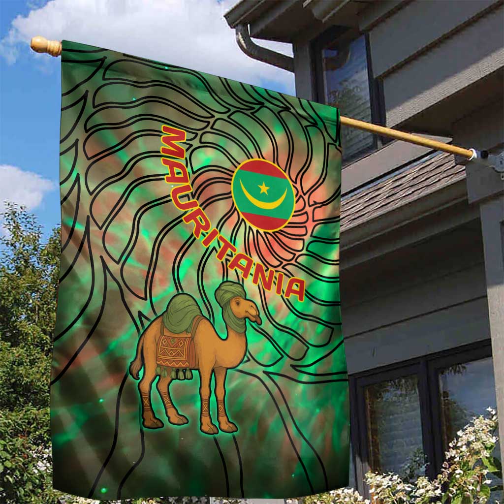 Mauritania Garden Flag - Green Tie Dye Camel and Crescent Moon Flag Design