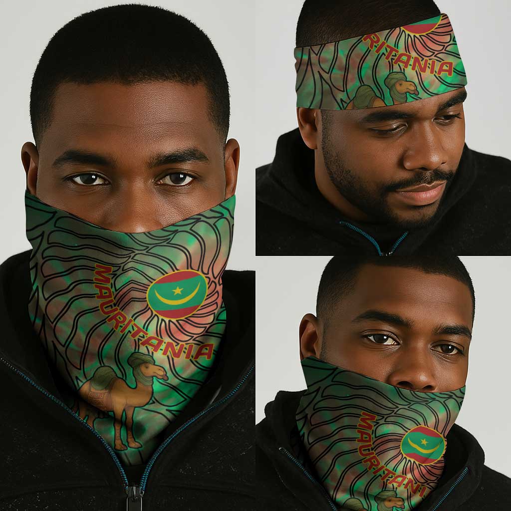 Mauritania Neck Gaiter - Green Tie Dye Camel and Crescent Moon Flag Design TS04